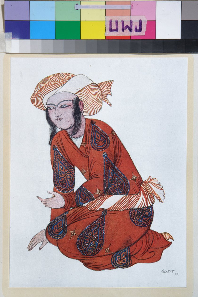 Kostume til balletten Sheherazade af Nikolai Rimsky Korsakov (Rimsky-Korsakov) (1844-1908) - Værk af Leon Bakst (1866-1924), litografi 1922 - (Kostumedesign til balletten Sheherazade af Nikolai Rimsky Korsakov, af Leon Bakst , Farve lith af Leon Bakst