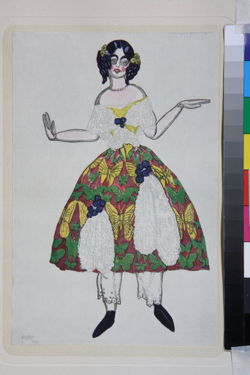Kostume til balletten La boutique fantasque af Gioachino Rossini - Værk af Leon Bakst (1866-1924), litografi 1919 - (kostumedesign til balletten ""The Magic Toy Shop"" af Gioachino Rossini, af Leon Bakst, farvelitografi af Leon Bakst
