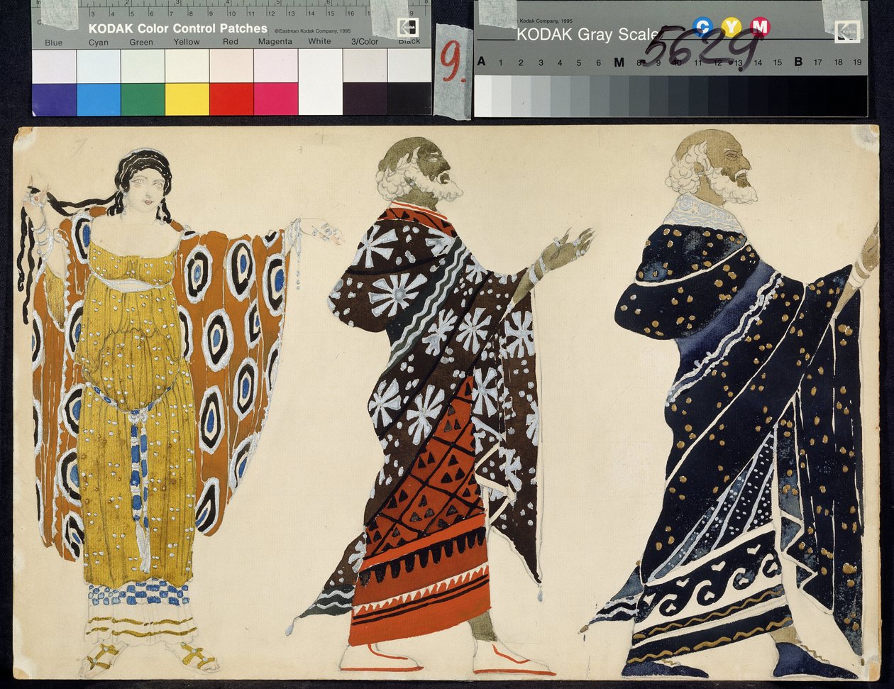 Menneskets kostumer til dramaet ""Oedipus at Colone"" af Sophocles (497 eller 496-407 eller 406 f.Kr.) (Kostumedesign til dramaet Oedipus at Colonus af Sophocles). Tegning af Leon Blakst (1866-1924). Akvarel på papir, 28,2 x 44,6 cm af Leon Bakst