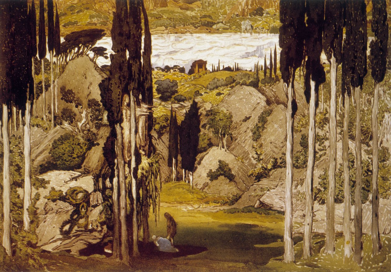 Indretning af Léon Bakst, russisk maler og dekoratør, baseret på en original akvarel, til Maurice Ravels ballet "Daphnis et Chloé" af Leon Bakst