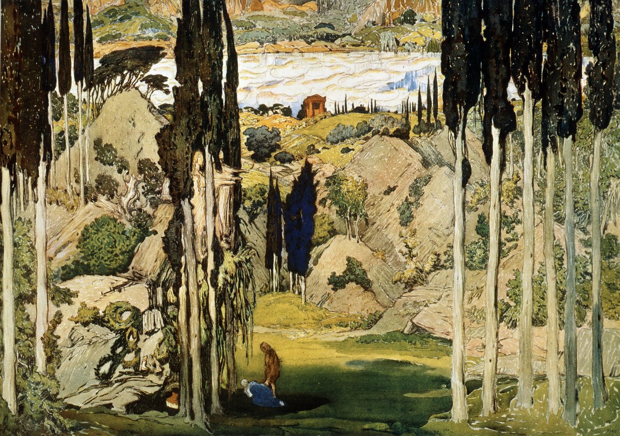 Scenografi til balletten Daphnis og Chloe af Maurice Ravel (1875-1937). Maleri af Leon Bakst (1866-1924). Akvarel og gouache på papir, 74 x 103,5 cm af Leon Bakst