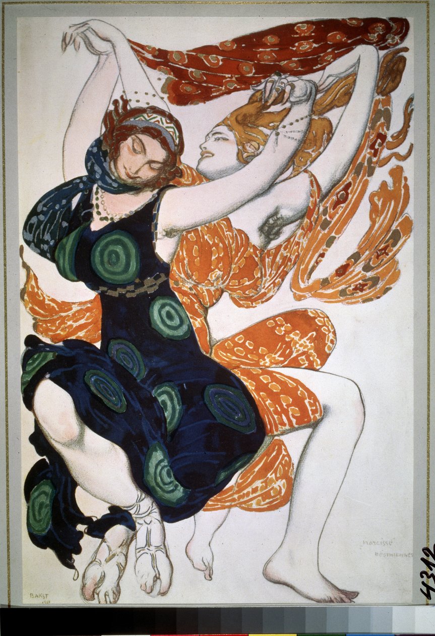 To beotiennes, kostume til balletten ""Narcisse"" af Nikolai Tcherepnin (Nicolas Tcherepnin) (1873-1945) (To beotiennes, kostumedesign til balletten Narcisse af N.Tcherepnin). Tegning af Leon Bakst (1866-1924). Akvarel, gouache, guld og sølv på pa af Leon Bakst