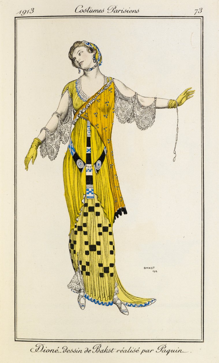 Dione, tegning af Bakst lavet af Jeanne Paquin. Pariserkostumer nr.73 af Leon Bakst