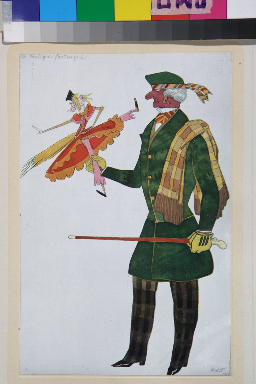 Englænderen, kostume til balletten la boutique fantasque af Gioachino Rossini - Værk af Leon Bakst (1866-1924), litografi 1919 - (kostumedesign til balletten ""The Magic Toy Shop"" af Gioachino Rossini, af Leon Bakst, farve litografi af Leon Bakst