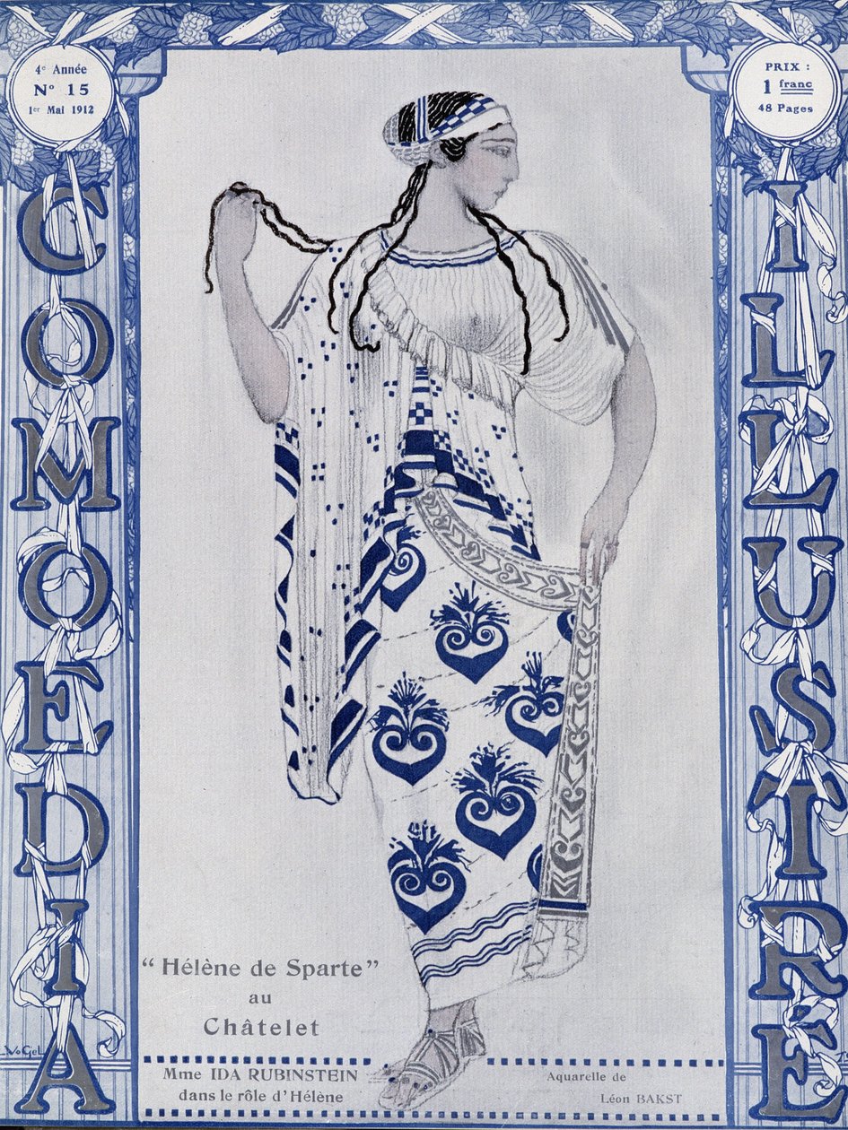 Les Ballets Russes: Helen of Sparta at the Chatelet, Miss Ida Rubinstein i rollen som Helen - akvarel af Bakst, cov. i "" Comoedia illustreret"" af Leon Bakst
