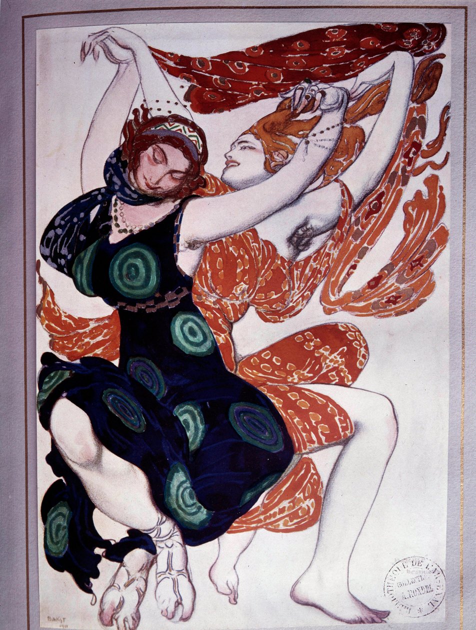 Les bacchantes koreografi fra "The Afternoon of a Faun" af Vaslav Nijinski (1889-1950) efter "Prelude the Afternoon of a Faun" af Claude Debussy (1862-1918) af Leon Bakst