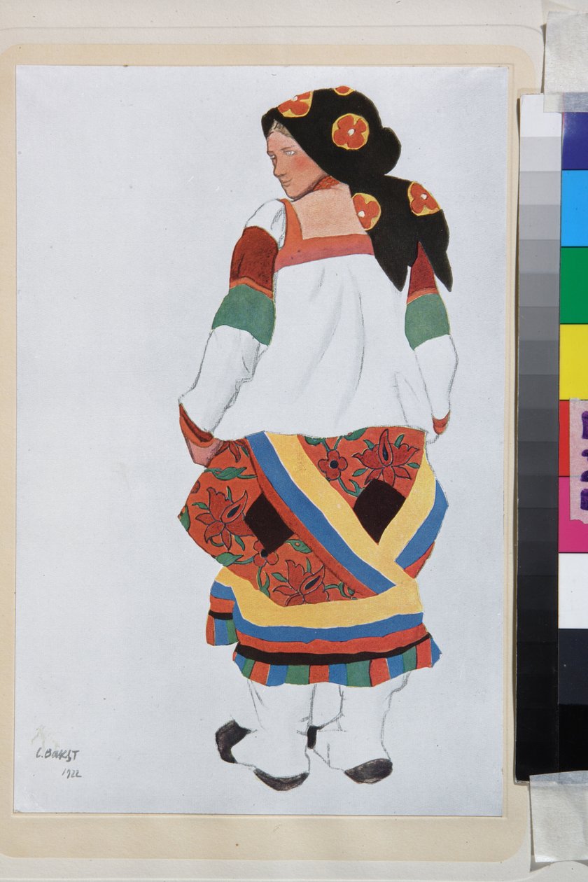 Bondekvinde, kostumedesign til Vaudeville Old Moskva, på Femina teateret, Paris (Frankrig) - Værk af Leon Bakst (1866-1924), litografi 1922 - (bondekvinde, kostumedesign til Vaudeville Old Moskva, på Theatre Femina i Paris, af Leon Bakst (1866-1 af Leon Bakst