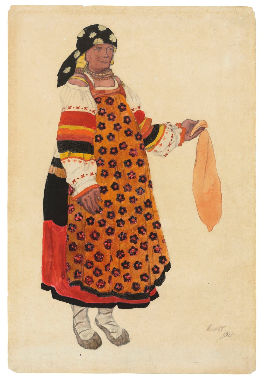 Bondekvinde. Kostumedesign til Vaudeville Old Moscow på Théâtre Femina, Paris, 1922. af Leon Bakst