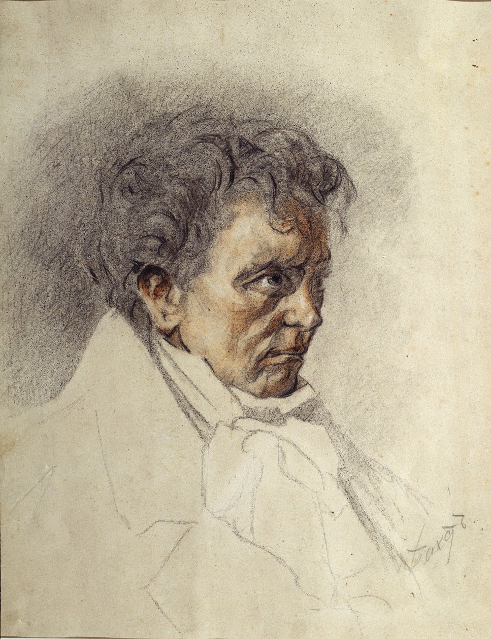 Portræt af Ludwig van Beethoven (1770-1827) (Ludwig van Beethoven). Maleri af Leon Bakst (1866-1924). Akvarel og pastel på papir, 29,5 x 23,5 cm. Russisk kunst, slutningen af ​​det 19. tidlige 20. århundrede. Statens kunstmuseum i Kirgisistan, Bishkek (Kir af Leon Bakst