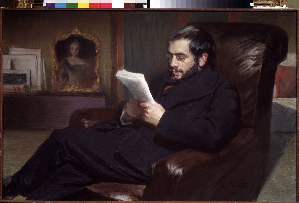 Portræt af kunstneren Alexander Benois (1870-1960) (Portræt af kunstneren Alexandre Benois). Tegning af Leon Bakst (1866-1924). Akvarel og pastel på papir, 64,5 x 100,3 cm af Leon Bakst