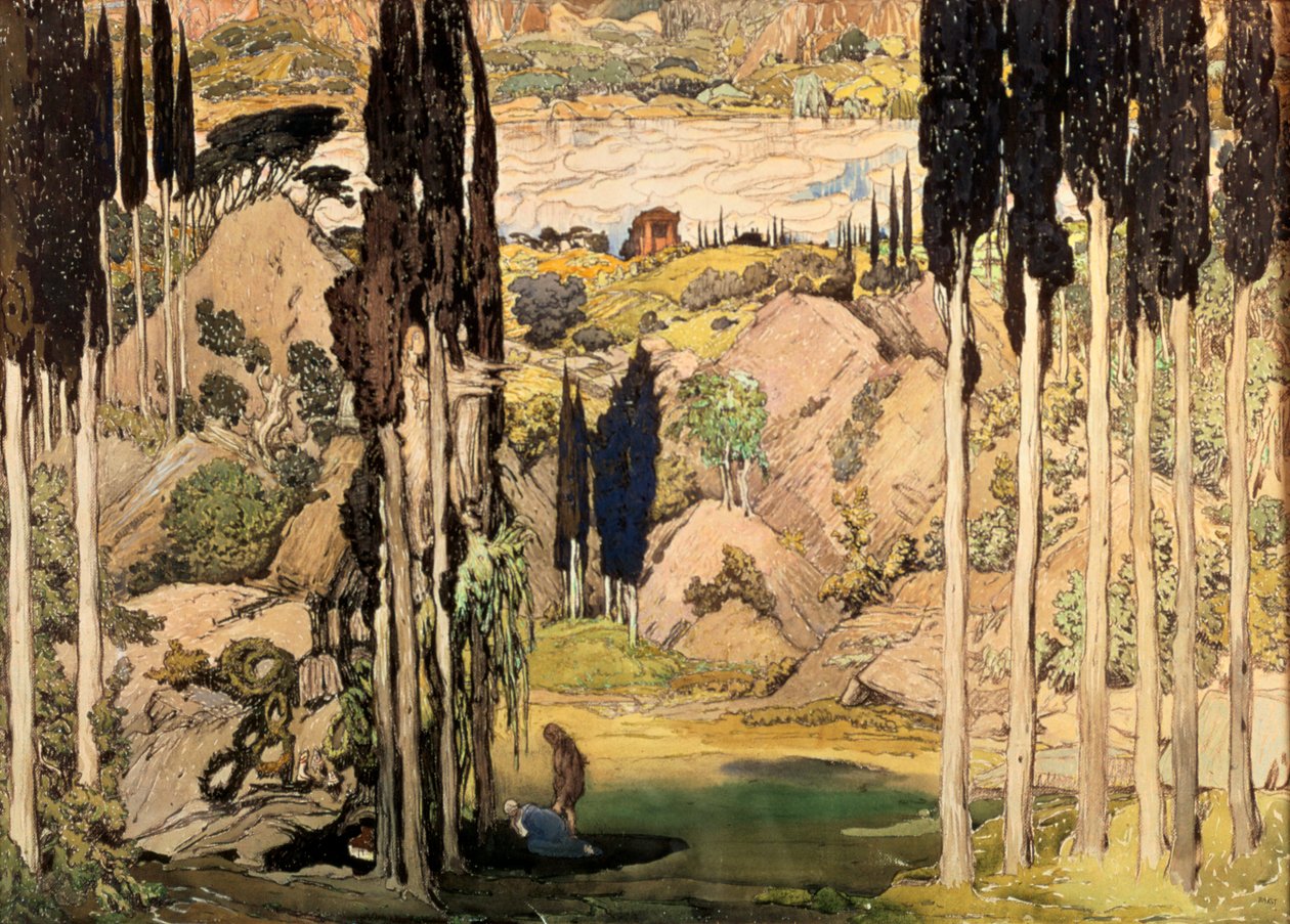 Scenografi til anden akt af en Ballet Russes-produktion af Ravels Daphnis og Chloe, 1912 af Leon Bakst