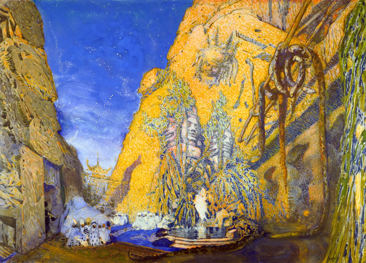 Scenografi til en Ballets Russes-produktion af Le Dieu Bleu The Blue God, 1911 af Leon Bakst