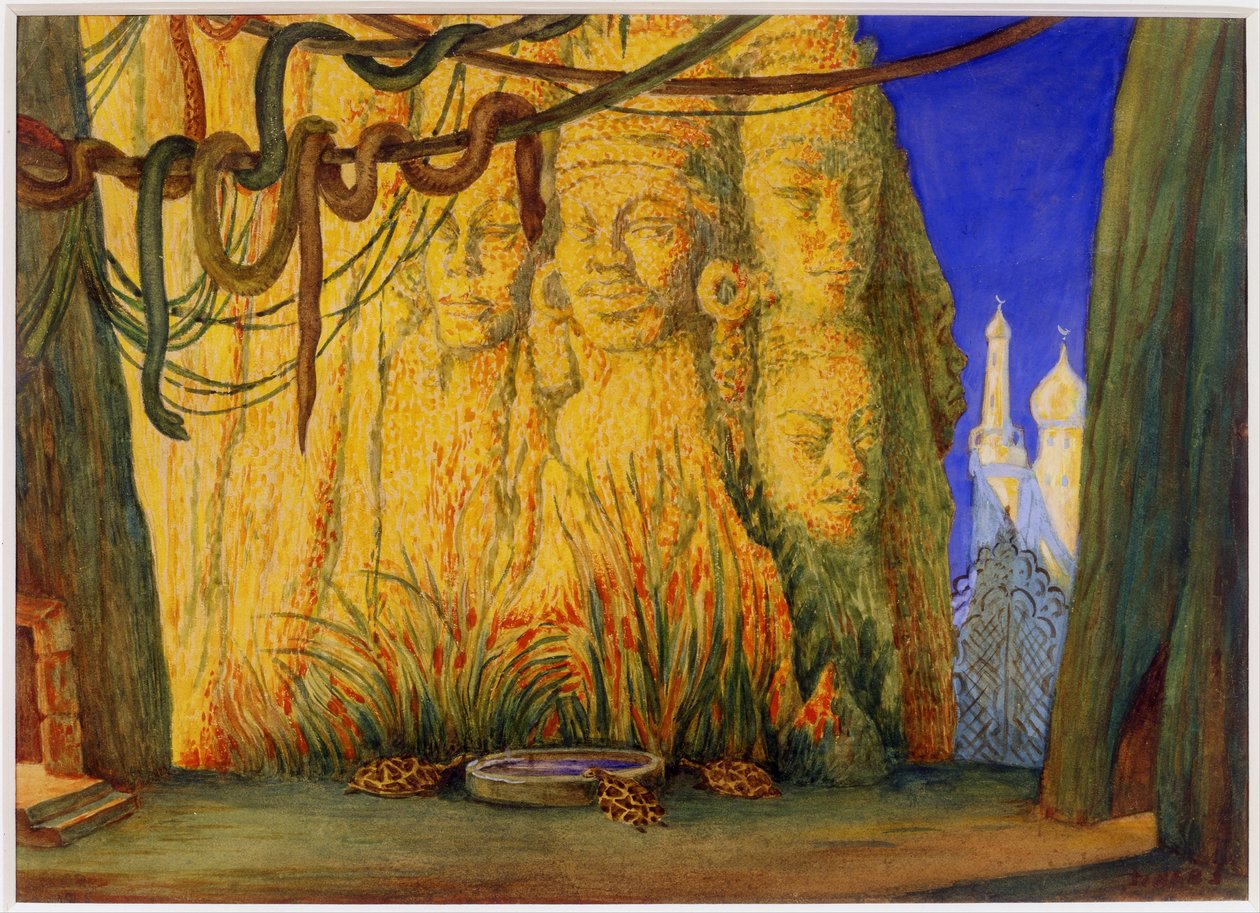 Scenedesign til Ballet Blue God af R. Hahn, 1911 af Leon Bakst