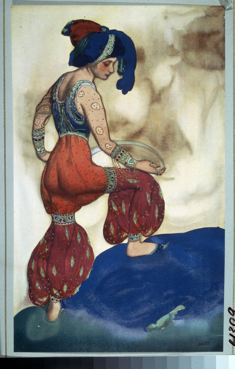 Sultan, kostume til balletten ""Sheherazade"" af Nicolas (Nikolai) Rimski Korsakov (Rimski-Korsakov) (1844-1908) fra Efter fortællingerne om de tusinde og en nat. prinsesse af N.Rimsky Korsakov (Rimsky-Korsakov). Tegning af Leon Baxt (1866-1924). Gouache o af Leon Bakst