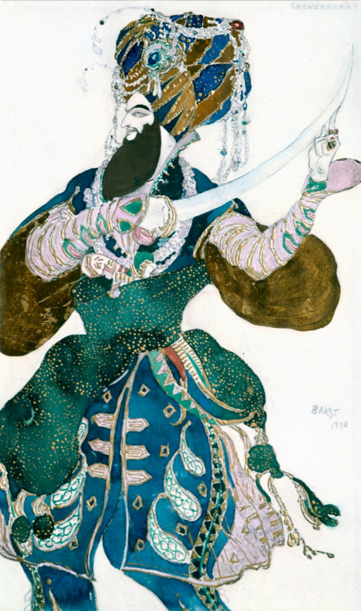 The Shah of Persia, kostumedesign til en Ballets Russes-produktion af Scheherazade, c1913. af Leon Bakst