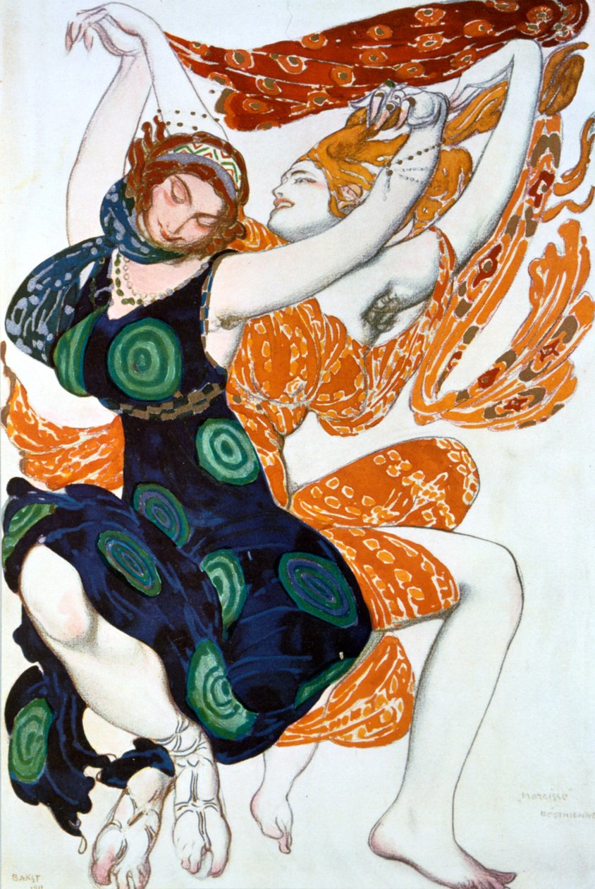 To Bacchanter, kostumedesign til en Ballets Russes-produktion af Tcherepnins Narcisse, 1911 af Leon Bakst