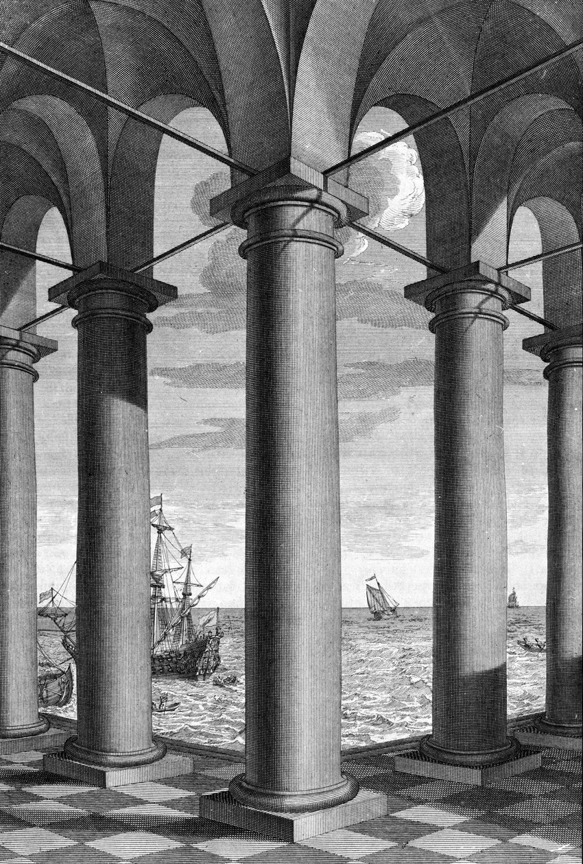 Med hensyn til arkitektur dukker et maritimt landskab op bag en bygning understøttet af arkader: en tavle tegnet fra "De Architectura Libri decem" af Leon Battista Alberti (1404-1472), arkitekt, matematiker, italiensk poet fra renæssancen, London af Leon Battista Alberti