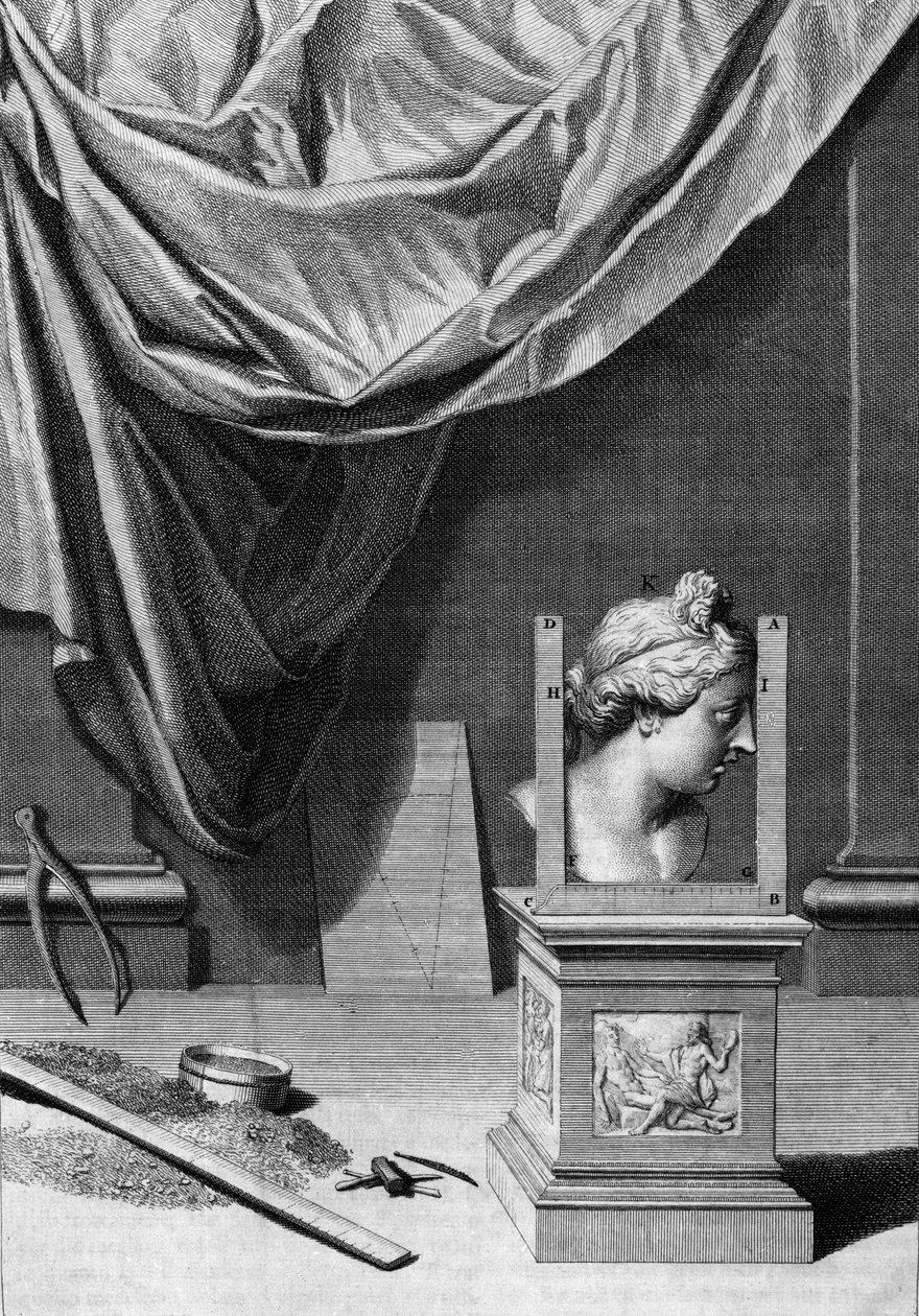 Artikler om arkitektur, en buste af en klassisk statue og arkitektoniske redskaber: tavle fra "De Architectura Libri decem" af Leon Battista Alberti (1404-1472), arkitekt, matematiker og italiensk digter fra renæssancen, London af Leon Battista Alberti