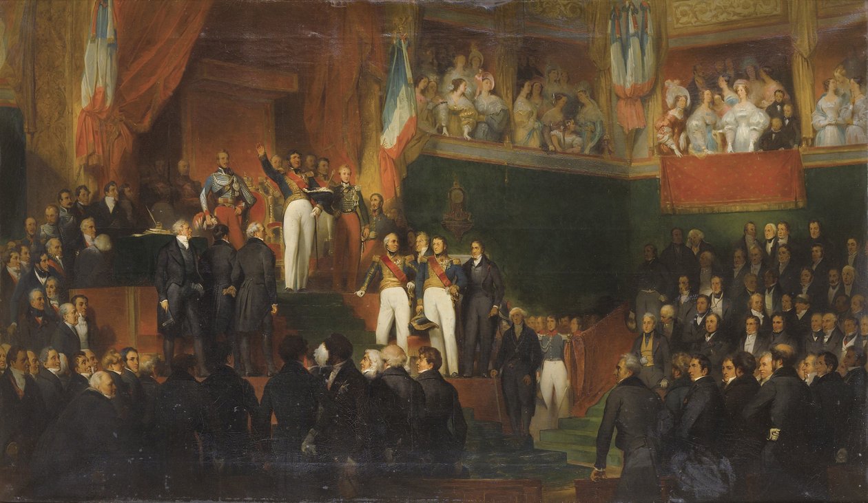 LOUIS-PHILIPPE (1773-1850) SÆR ED AT OPHOLDE CHARTERET AF 1830 I NÆRVÆRELSE AF KAMRE, 9. AUGUST 1830, maleri af LeON-JEAN-BASILLE PERRAULT OG HANS STUDIO - som Louis-Philippe I. Deputeretkammeret, 9. august 1830 pa af Leon Bazile Perrault