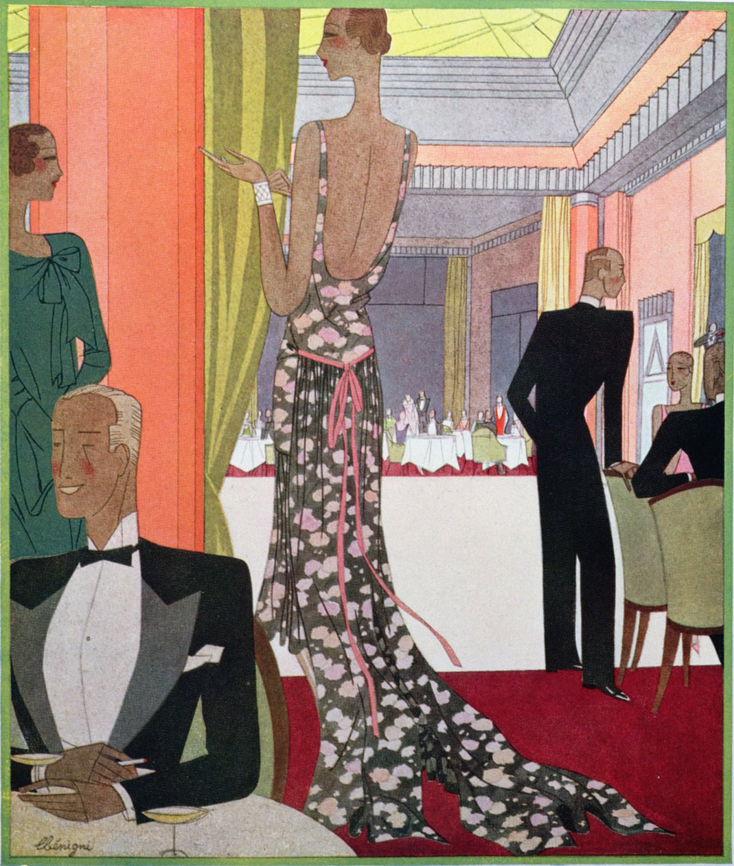 Modedesign til en aftenkjole af House of Louise Boulanger ved en Gala Soiree i kasinoet på Le Touquet af Leon Benigni