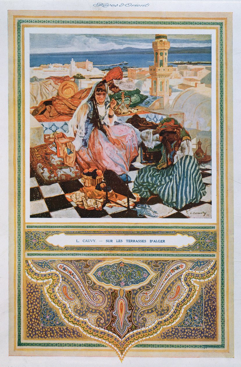Kvinde ryger en shisha (vandpibe) på en terrasse i Algier, ca. 1900 9farvet litho) af Leon Cauvy