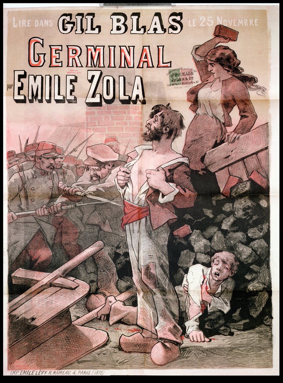 Plakat, der reklamerer for udgivelsen af "Germinal" af Emile Zola (1840-1902) i "Gil Blas", den 25. november 1878 af Leon Choubrac