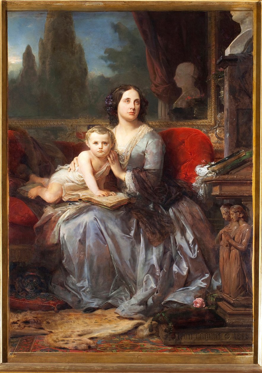 Portræt af Mary (Maria) Brignole-Sale (Brignole Sale) De Ferrari, hertuginde af Galliera (1811-1888) med hans søn Filippo Maleri af Leon Cogniet (1794-1880) 1856 Palazzo Rosso, Galleria, Genes af Léon Cogniet