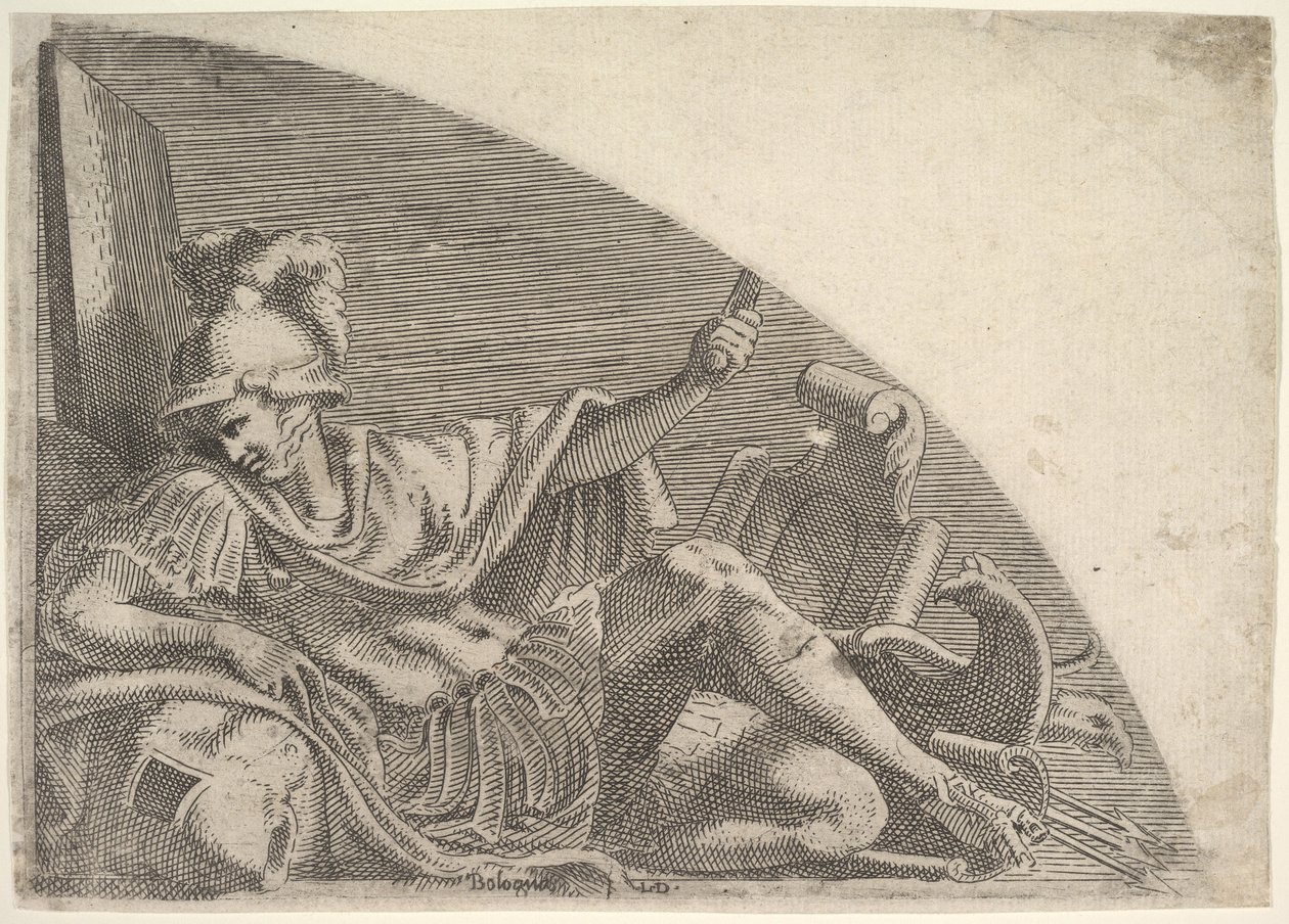 Mars siddende midt i trofæer, 1540-56. af Leon Davent