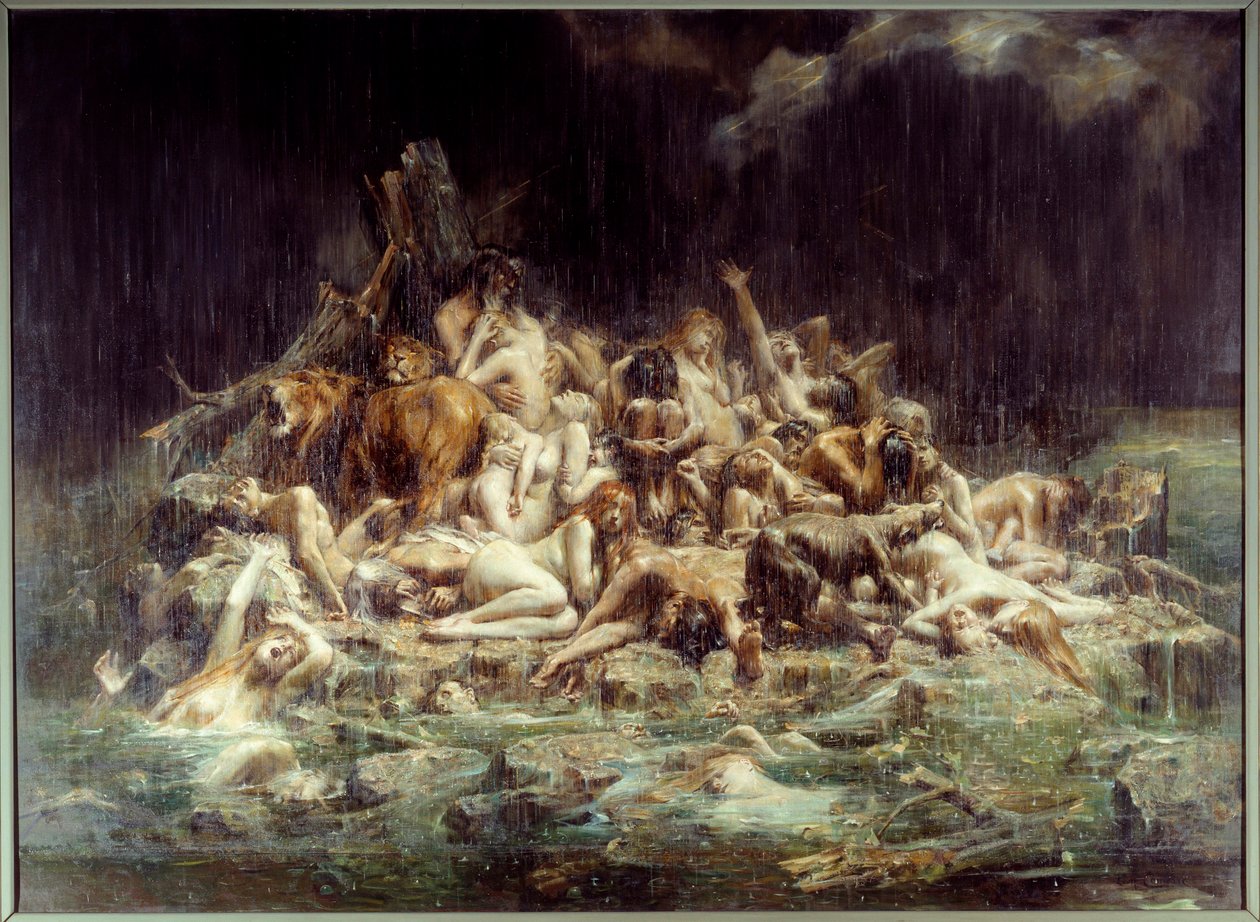 Syndfloden En klynge af kroppe af mennesker og dyr under regnstrømmene af himlens vrede, nogle er allerede druknet, andre skriger deres nød. Maleri af Leon Comerre (1850-1916) 1911 søn. 3,45x4,48 m Nantes, Musee des Beaux Arts af Leon Francois Comerre