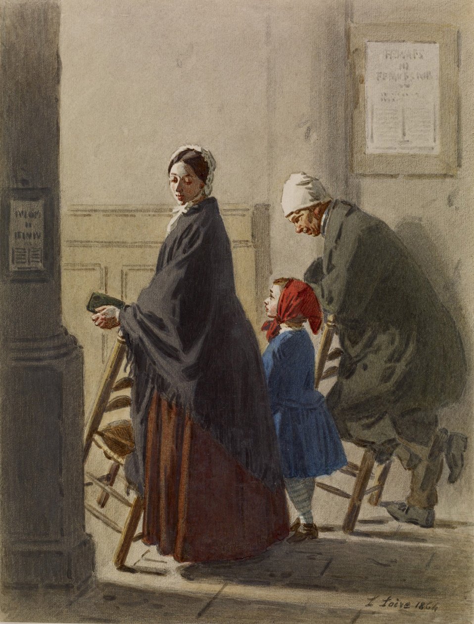 Mand, kvinde og pige ved bøn i kirken, 1864 (wc og grafit på papir) af Leon Henri Antoine Loire