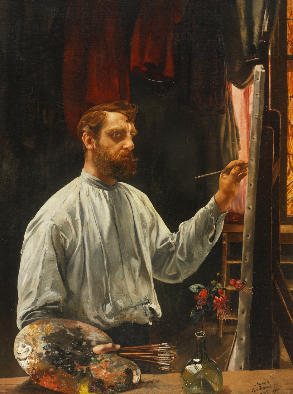 Portræt af Leon Frederic, Stående halvlængde ved hans staffeli, 1900 af Leon Henri Marie Frederic