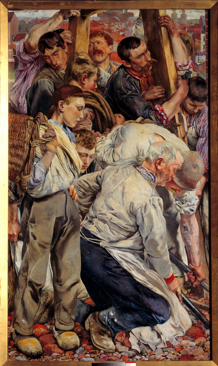 Socialrealisme: “” Arbejdertiden”” Venstre del af en triptykon af Leon Henri Frederic (1856-1940) (ec.belg) 1897 Søn. 1,63x0,94 m Paris, musee d