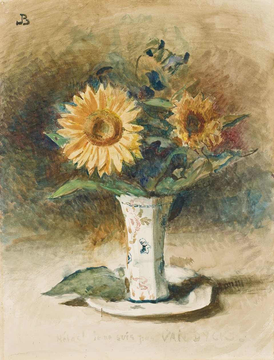 Ak! Jeg er ikke Van Dyck: to solsikker i en vase (sort kridt, akvarel, lagt om bord) af Leon Joseph Florentin Bonnat