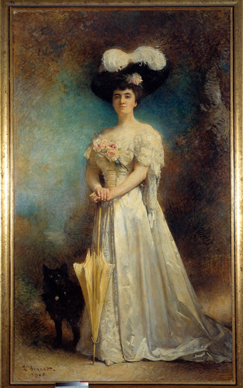 Portræt en pied af madame Maurice Pascal og søn Chien Lille maleri af Leon Joseph Bonnat (1833-1922) 1905 Søn. 2,17x0,9 m Pau, musee des Beaux Arts - Portræt i fuld længde af Madame Maurice Pascal og hendes hund, Tiny. Maleri af Leon Joseph Bonnat (1833-19 af Leon Joseph Florentin Bonnat
