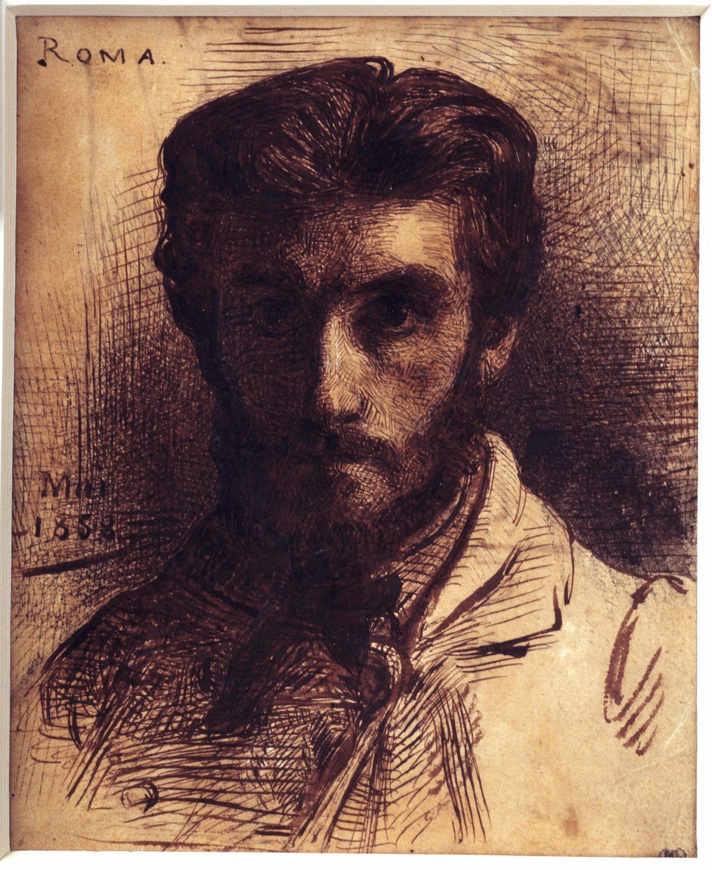 Selvportræt tegning med kuglepen, vask og blæk af kina af Leon Joseph Bonnat (1833-1922). maj 1858. Dim. 0,18 x 0,14 m. Paris, Musee d