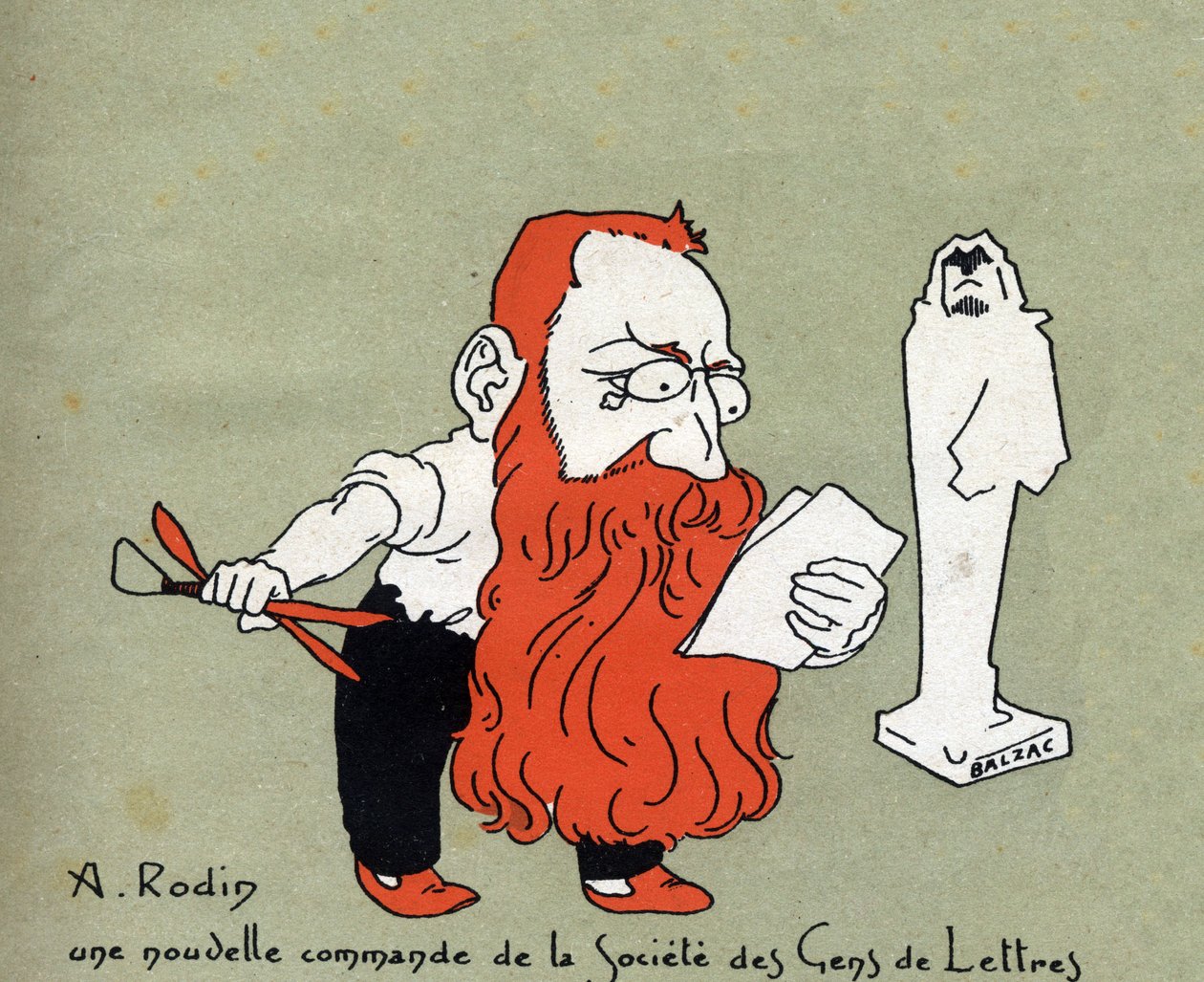 Tegneserie af Auguste Rodin med en ny bestilling fra Societe des gens de lettres (Skulptur af Balzac) - Illustration af Leon Lebegue (1863-1944) - Indgravering i "" Le sun-du-dimanche"" af Leon Lebegue
