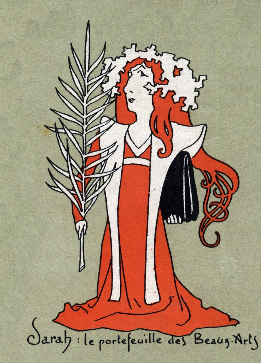 Tegneserie af Henriette Rosine Bernard dit Sarah Bernhardt (1844-1923) som en portefølje af kunst - Illustration af Leon Lebegue (1863-1944) - Indgravering i "" Le sun-du-dimanche" af Leon Lebegue