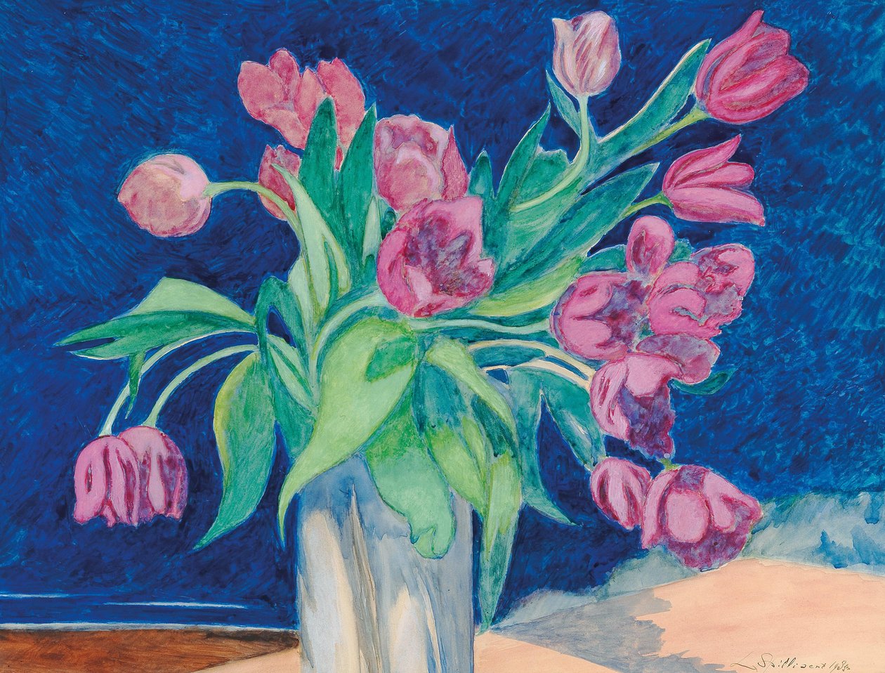 Pink tulipaner i en vase, i baggrunden et havlandskab med klitter, 1935. af Leon Spilliaert