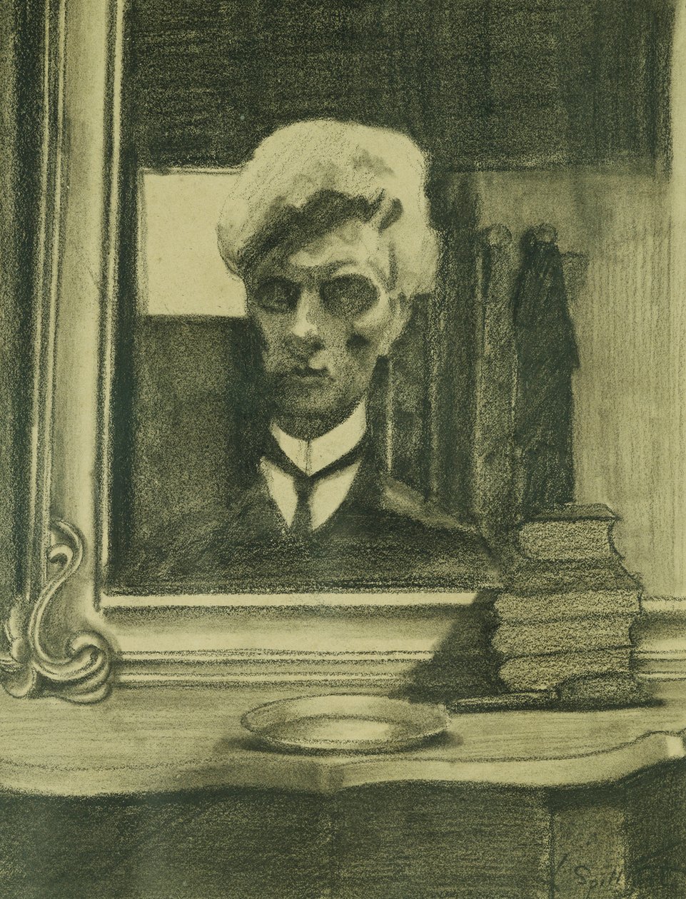 Selvportræt; Autoportræt, ca. 1907 (kul og farveblyant på buff-papir) af Leon Spilliaert