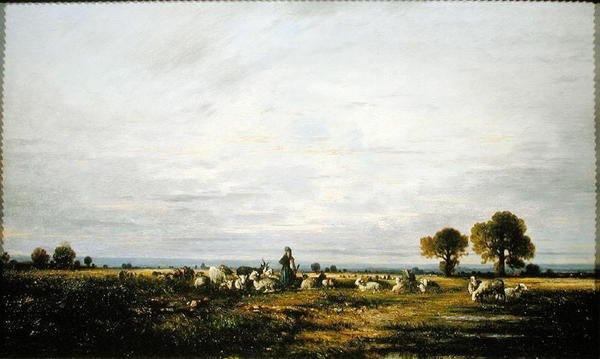 Hyrdinde ser på sin flok (olie på lærred) af Leon Victor Dupre