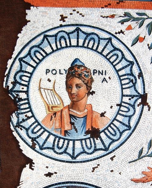 Polymnia, Muse of Sacred Song, Sang, Oratorium og Retorik (farvegravering) af Leon de (after) Laborde