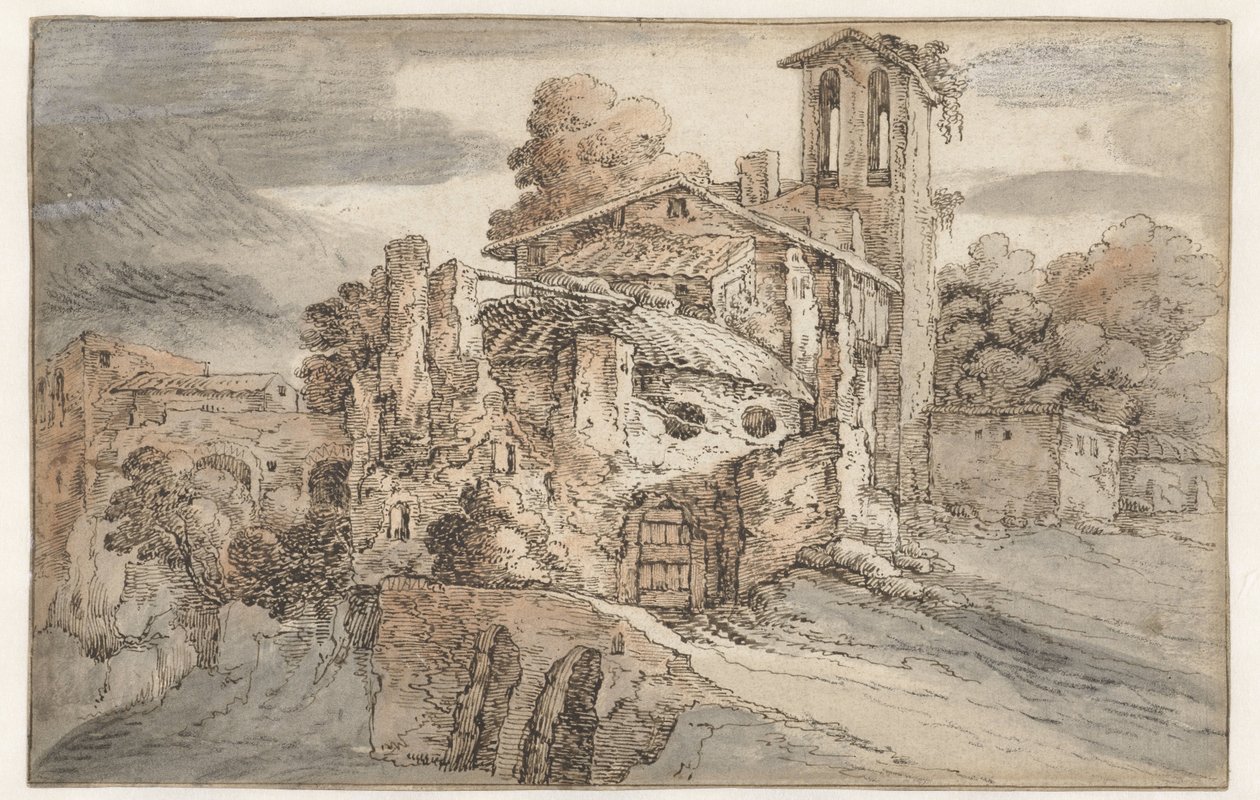 Kirke og gamle ruiner i Italien af Leonaert Bramer (attributed to)