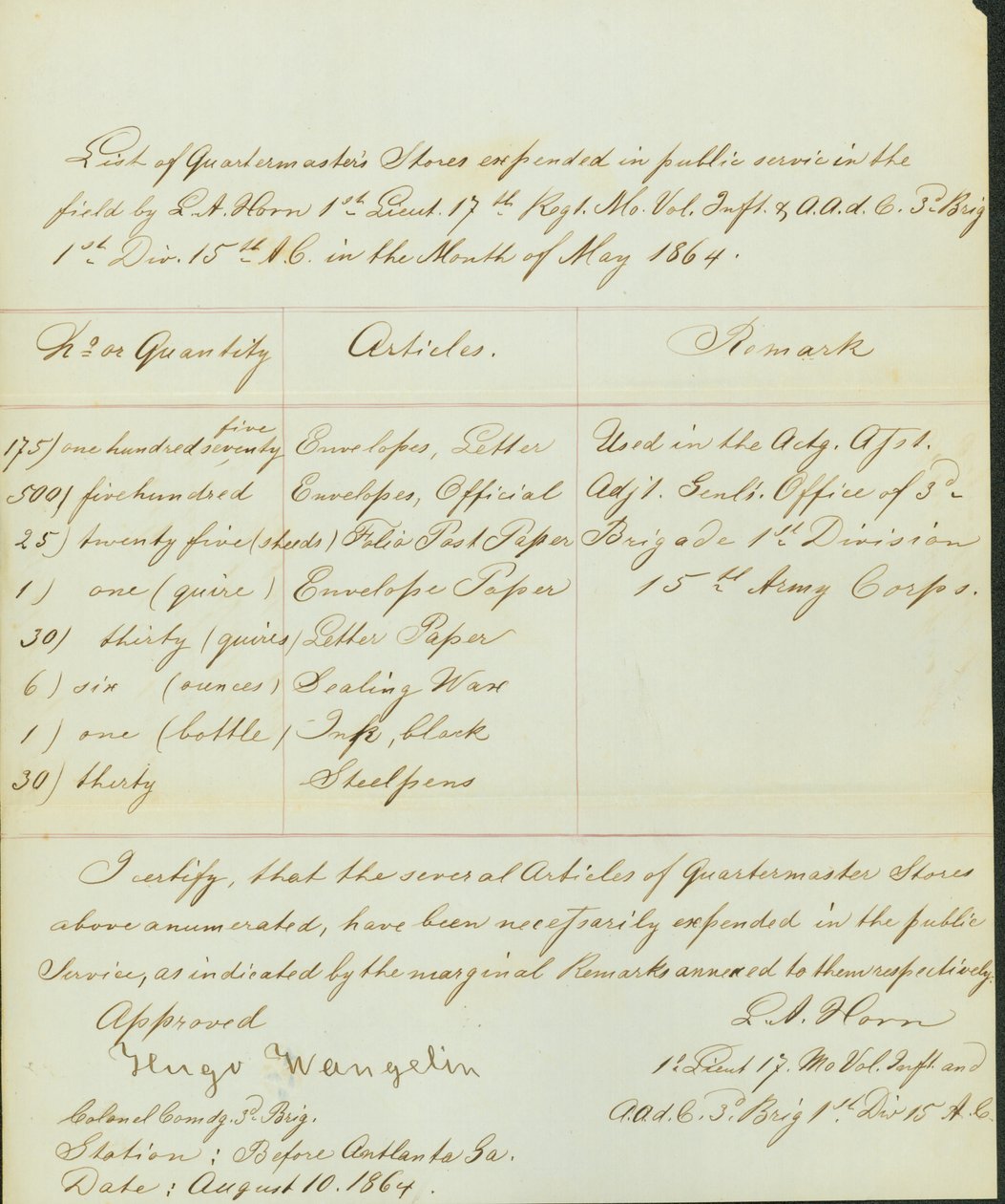 Lister genstande, der blev brugt i public service på området af L.A. Horn i maj måned 1864 af Leonard A. Horn