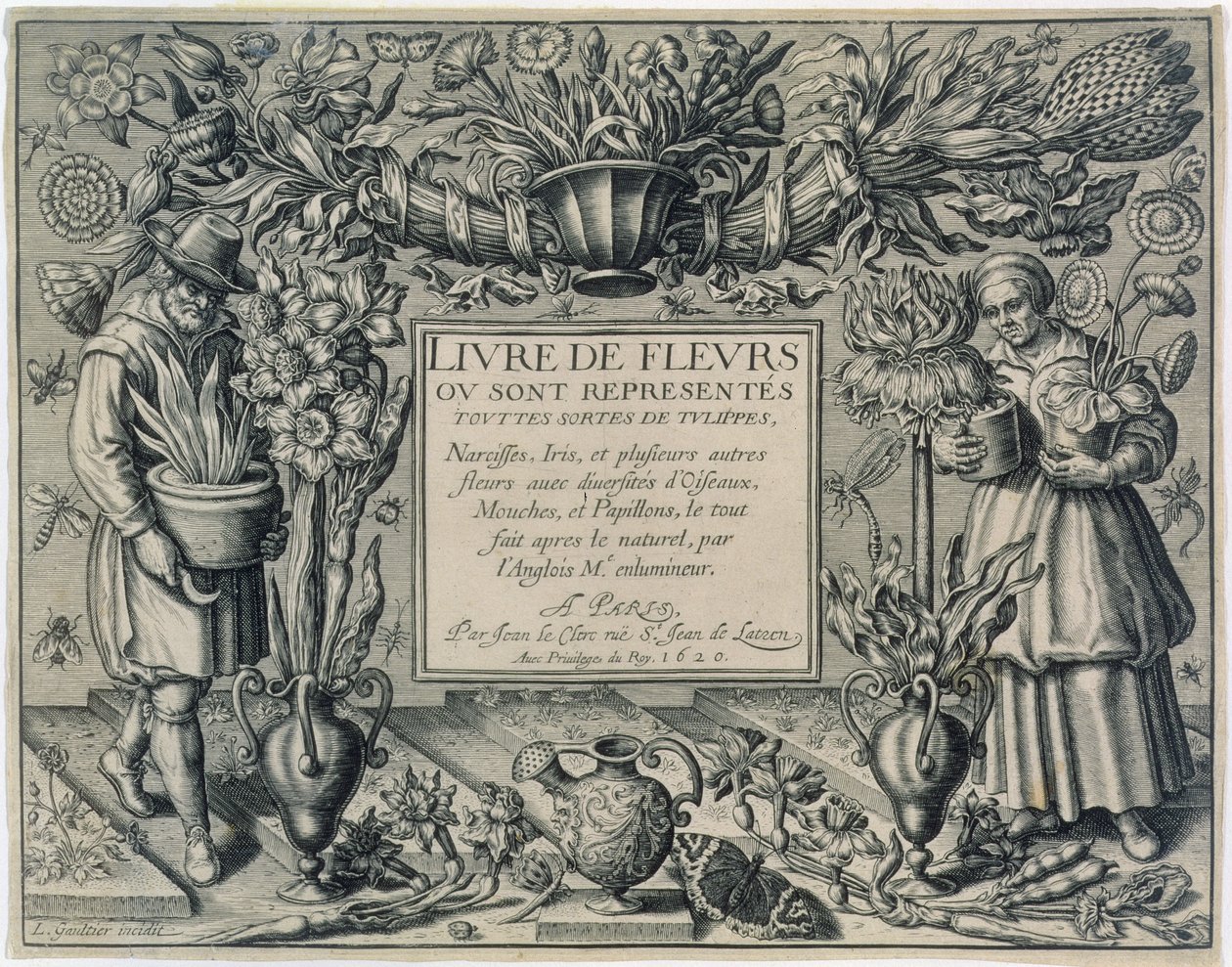 Titelblad fra "Livre des Fleurs" af Jean Le Clerc, udgivet i 1620 af Leonard Gaultier