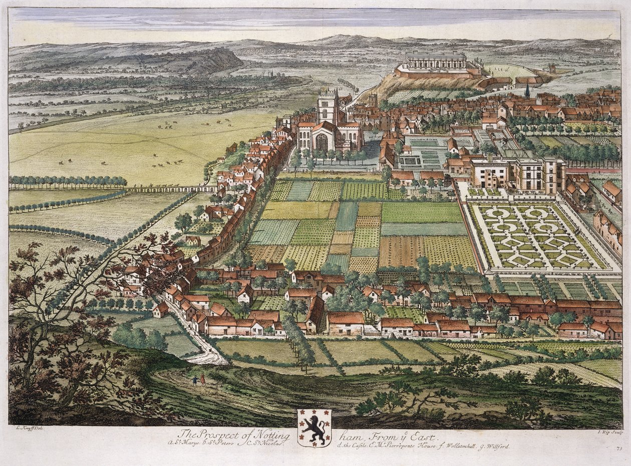 Udsigten til Nottingham fra Østen indgraveret af Johannes Kip (ca. 1652-1722) af Leonard Knyff