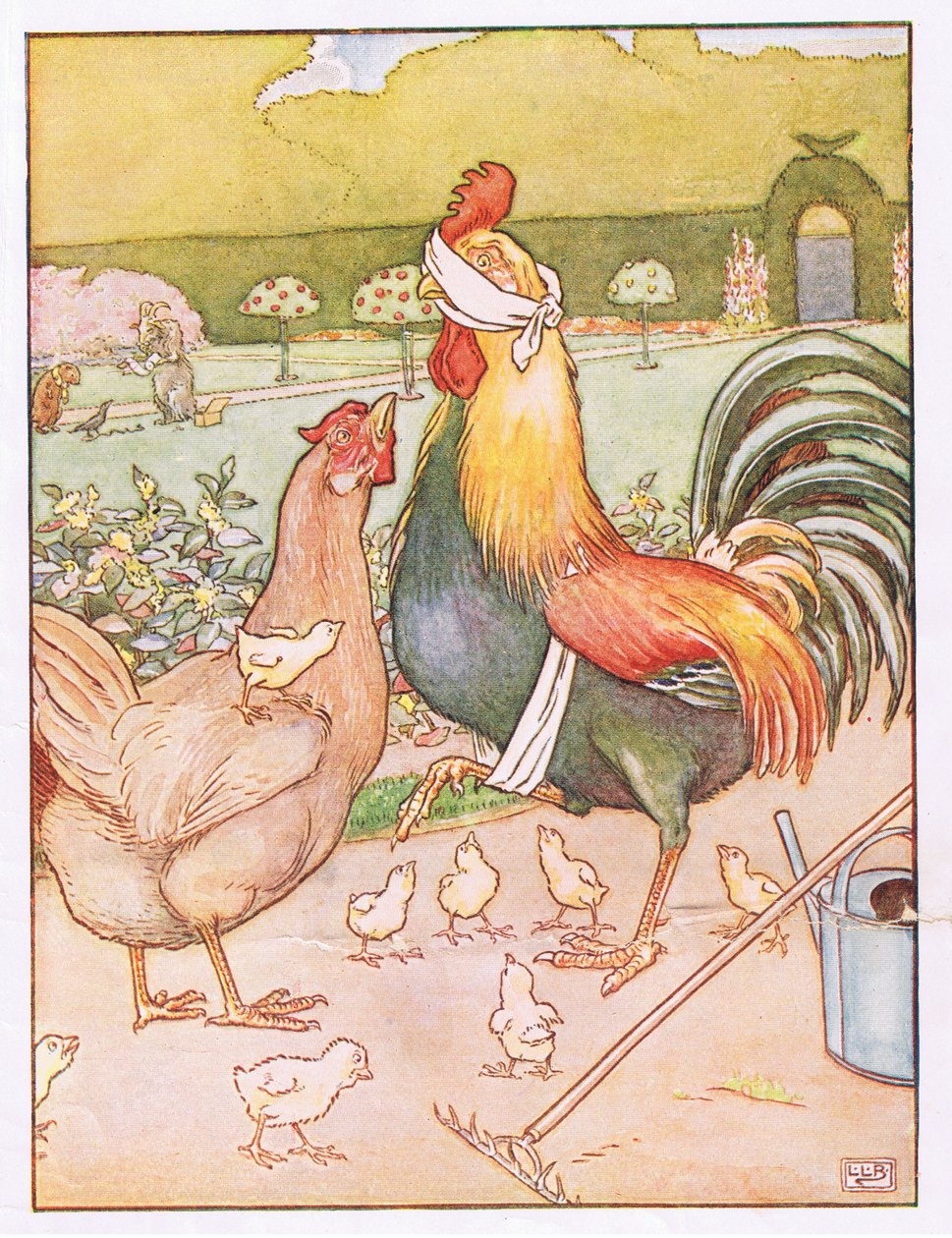 Og hanen fik et grimt slag, illustration fra "Johnny Crow