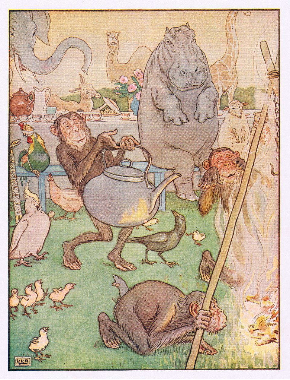 Så chimpansen satte kedlen på til te, illustration fra "Johnny Crow