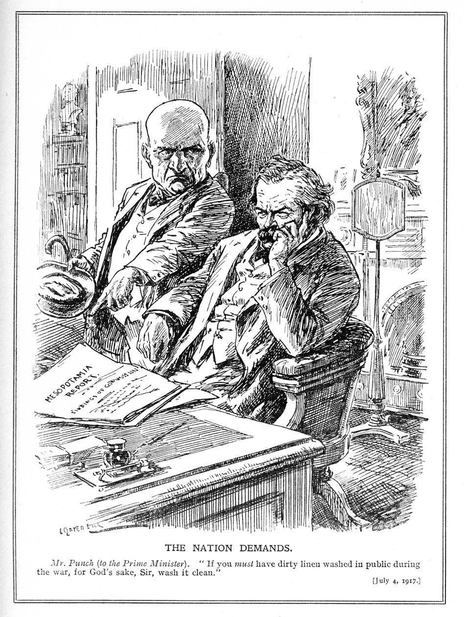 LLoyd George bliver irettesat af Mr. Punch over rapporten om den britiske invasion af Irak (Mesopotamien) i 1914, tegneserie fra magasinet Punch, juli 1917 af Leonard Raven Hill