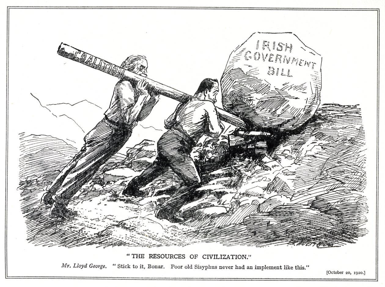 Lloyd George og Bonar Law forsøger at løse det irske spørgsmål ved hjælp af koalitionsregeringens løftestang, oktober 1920 af Leonard Raven Hill