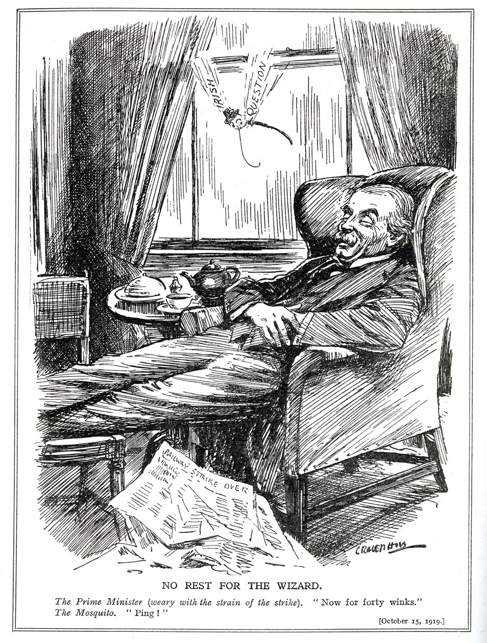 Lloyd George er forhindret i at hvile på grund af vanskelighederne forårsaget af industriel uro i Storbritannien og desuden problemerne i Irland, oktober 1919 af Leonard Raven Hill